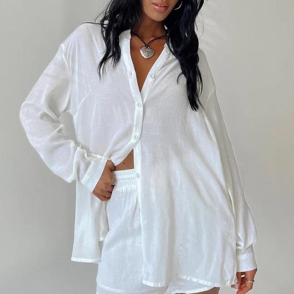 Princess Polly White Button-Up Shirt and Shorts Set